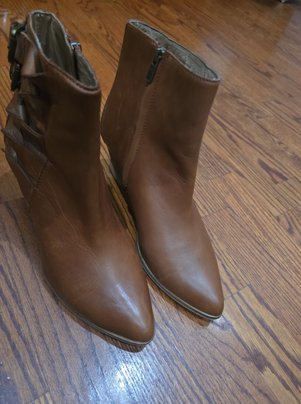 FRYE Size 11 M Cognac Brown Leather Ruffle Buckle Ankle Boots Pointed Toe